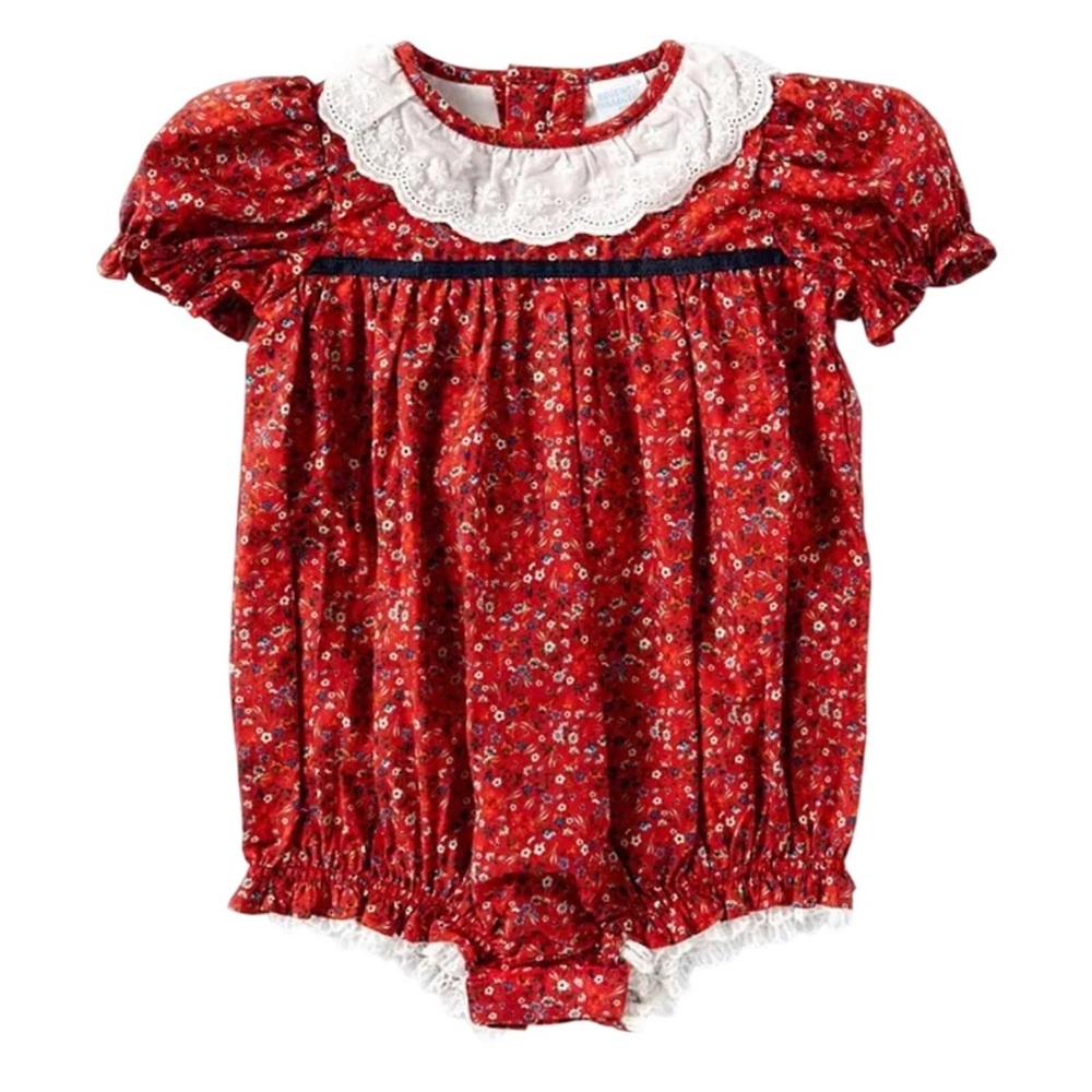 Edgehill Collection rust /‎ cranberry floral romper Peter pan eyelet collar 24 M